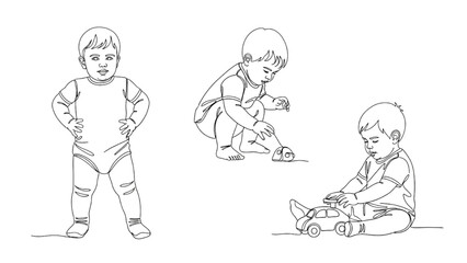 High-Quality Black Continuous Line Art of Toddlers Standing Confidently, Squatting to Examine, and Rolling Toy Car