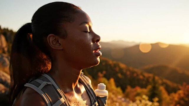 Exhausted female trail runner catching her breath and enjoying scenic mountain view at sunset