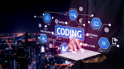 A professional holding a tablet with a digital coding interface overlaying a vibrant city at night, representing modern software development and innovative technology solutions. Tessel