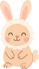 A charming cartoon style illustration of a sitting Easter bunny with fluffy ears and rosy cheeks, smiling sweetly. Ideal for childrens Easter designs or decorations.