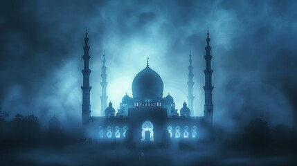 Mosque silhouette background with soft illumination deep blue t