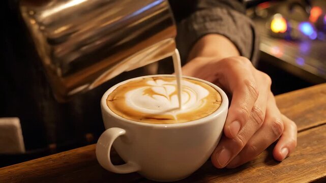 カフェでラテアートを提供するバリスタの手元（喫茶店・接客・コーヒー）