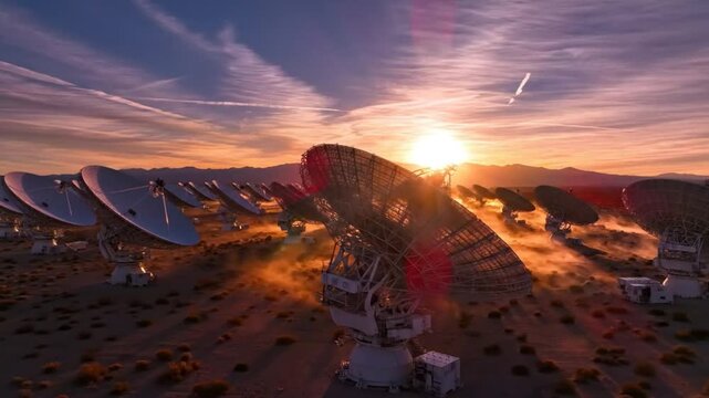 Radio telescope array at sunset in the desert capturing sunlight beams in a stunning aerial view