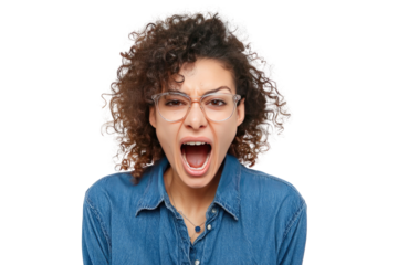 Young woman with glasses screaming in frustration or anger with mouth wide open isolated on transparent background