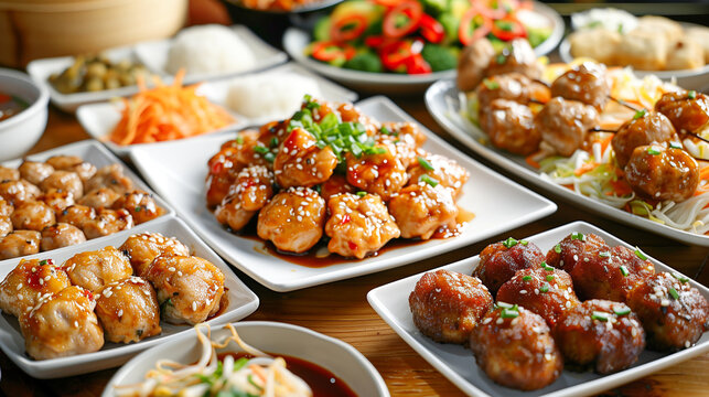 Assorted asian dishes on a wooden table