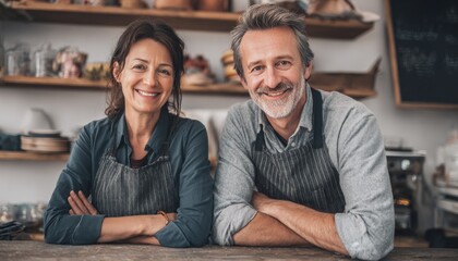 Smiling couple in aprons standing behind a wooden counter in a cozy cafe, showcasing their passion for food and hospitality with warm ambiance