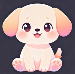 Adorable kawaii puppy mascot illustration with big shiny eyes, soft pastel colors, and a friendly smile. Perfect for children content, stickers, mobile apps, branding, educational materials, and playf