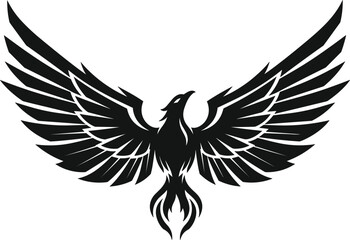 Stylized Black Phoenix Rising from Ashes, Majestic Mythological Fire Bird Silhouette, Vector Graphic Icon, Power, Rebirth, Strength, and Eternal Life Symbol, Wide Wingspan Logo Design