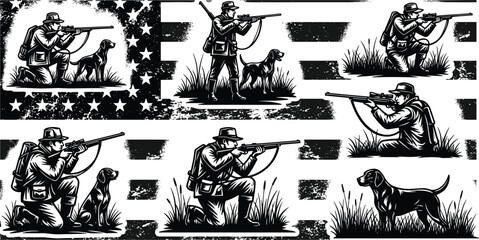 Vintage American Flag Hunter and Dog Silhouette Grayscale Design, Distressed Style, Patriotism, Outdoor Sportsman, Hunting Season, Black and White, Sporting Dog, 