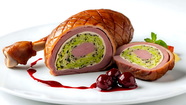 Haute cuisine. a French ballotine de chou farci au canard, a duck leg stuffed with a fine cabbage and foie gras farce, sliced to reveal perfect layers, with a cherry gastrique 