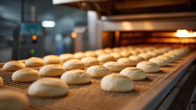 Freshly baked bread rolls are cooling on a wire rack in a commercial kitchen, showcasing the baking process and vibrant oven environment