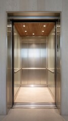 Fototapeta premium Open elevator doorway framed vertically, showcasing sleek metallic interior and wooden ceiling, inviting entry into modern urban space with copy space