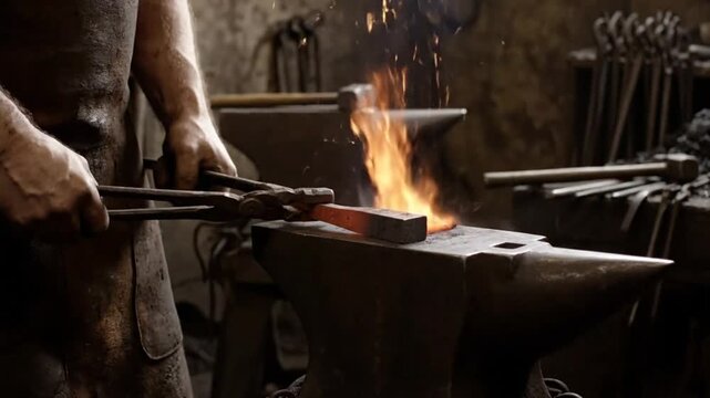 Blacksmith forges glowing red hot metal bar on anvil in workshop with flying sparks