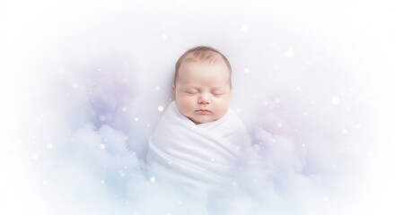 白いおくるみに包まれ柔らかな光と夢見る雲に浮かぶ新生児 穏やかな寝顔が心温まる. AI Generated