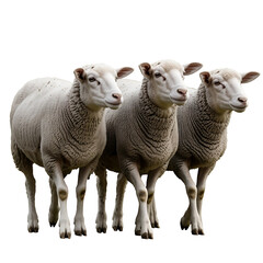 Obraz premium Three pure white domestic sheep with dense woolly coats stand together side by side looking gently to the right, isolated on transparent background