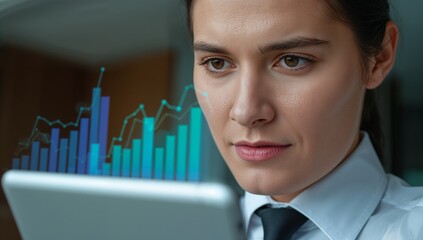A businessman analyzes financial graphs on a digital tablet in a modern office environment