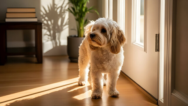 A charming Cockapoo stands bathed in warm sunlight, its fur gleaming, inviting viewers to experience the simple pleasures of home and companionship today.
