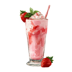 Strawberry Milkshake, watercolor painting, vector illustration, isolated on a white background.