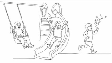 High-Quality Black Continuous Line Art of Children Swinging, Sliding, and Chasing Bubbles, Playground and Outdoor Play Illustrations