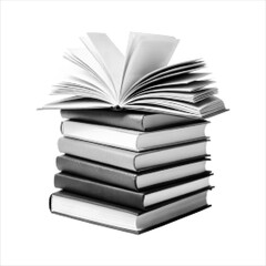 Halftone illustration of a stack of books with an open book on top, symbol of education, learning, knowledge, study, library, and academic concept. Black and white dot style.