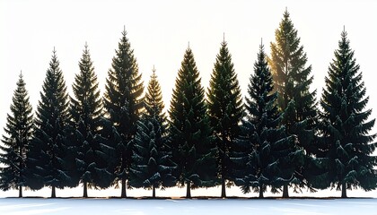 Row of snowy evergreen trees stands tall in bright winter landscape, evoking symmetry and serenity.