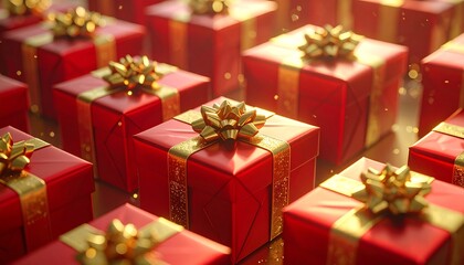 Grid of red gift boxes with gold bows arranged symmetrically for festive visual impact.