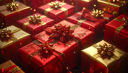 Grid of red gift boxes with gold bows arranged symmetrically for festive visual impact.