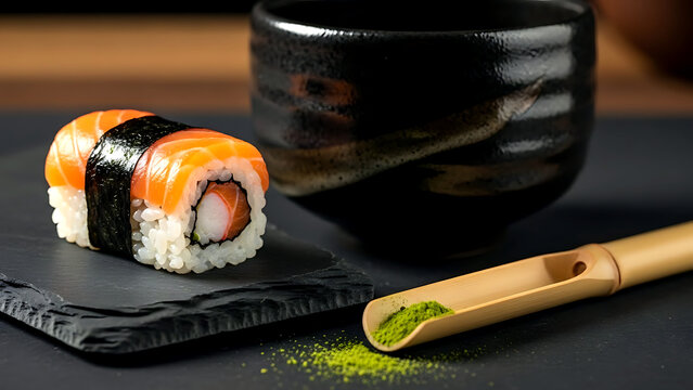still life, Wabi-sabi tea philosophy of a salmon roll positioned near a rustic black raku tea bowl, a bamboo chashaku scoop with matcha powder scattered nearby 