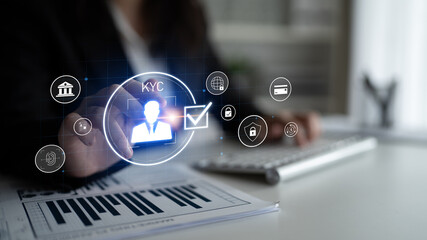 Digital KYC verification with biometric scan, ID authentication, and financial security icons representing identity verification, secure onboarding, fraud prevention, and compliance Latch