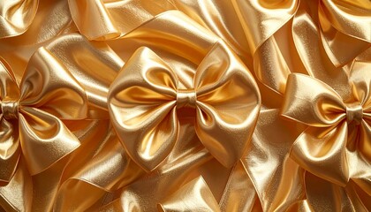 Golden bows arranged in grid on reflective surface, radiating festive luxury and visual symmetry.