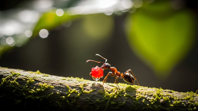 Capture the industrious spirit of nature with this striking image of an ant carrying a vibrant berry, showcasing resilience and determination perfectly.