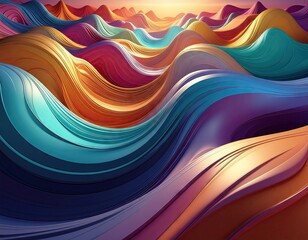 Vibrant Abstract Landscape of Wavy Dunes in Golden Hour Sunlight With Rippling Textures in Teal Orange Pink Purple and Gold