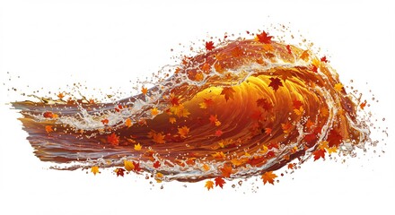 鮮やかな紅葉が弾ける水しぶきと一体となり金色に輝くダイナミックな秋の波が白い背景に美しく舞う. AI Generated