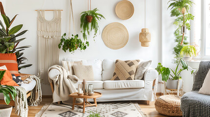 Modern boho living room with green plants and warm inviting tones.
