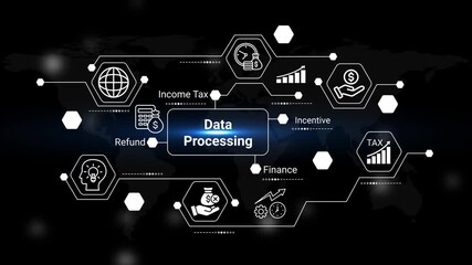 this image depicts a complex network of financial and data processing concepts including income tax refund finance and global connections visually represented high quality professional detailed - Powered by Adobe
