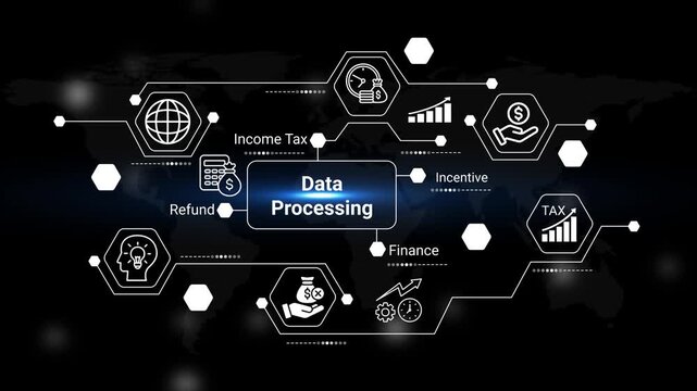 this image depicts a complex network of financial and data processing concepts including income tax refund finance and global connections visually represented high quality professional detailed
