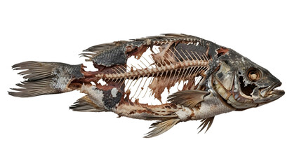 A decaying fish skeleton on a plain white background, highlighting the fragility of life and the natural process of decomposition in an aquatic environment
