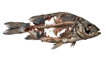 A decaying fish skeleton on a plain white background, highlighting the fragility of life and the natural process of decomposition in an aquatic environment