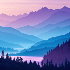 Dreamy Pastel Mountain Landscape with Misty Forest Layers