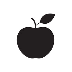A simple black silhouette of a ripe apple with a stem and a single leaf against a clean white background representing healthy food and nature silhouette