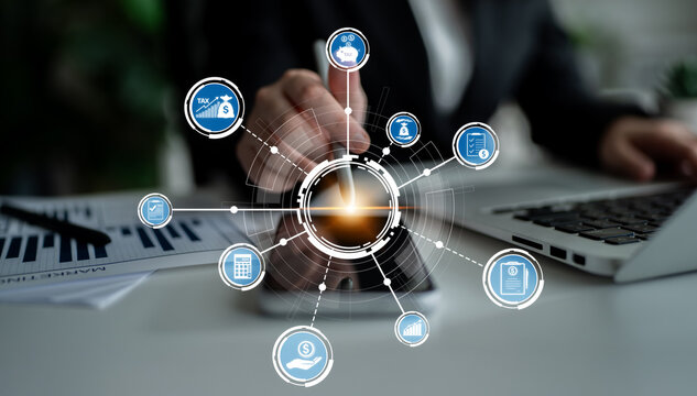 A business professional engages with digital icons showcasing concepts like finance and analytics, highlighting the integration of technology in modern workplaces. Crux - Powered by Adobe