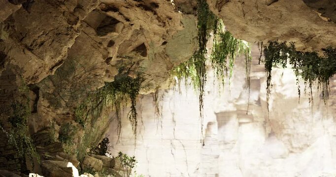 Dappled sunlight filters through a natural cave, illuminating the rocky walls adorned with lush green vines. The peaceful atmosphere invites exploration in this hidden gem of nature.