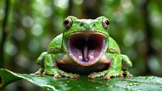 Close up view of a bright green frog yawning widely with its pink tongue extended in a natural environment
