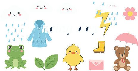 Cute rainy day illustration set featuring smiling clouds, raindrops, frog, chick, teddy bear with umbrella, raincoat, boots, lightning, and playful spring elements for vector designs.