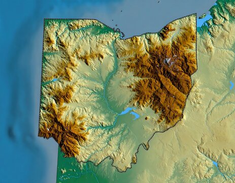 Topographical rendering of a U.S. state, showcasing elevation variations in shades