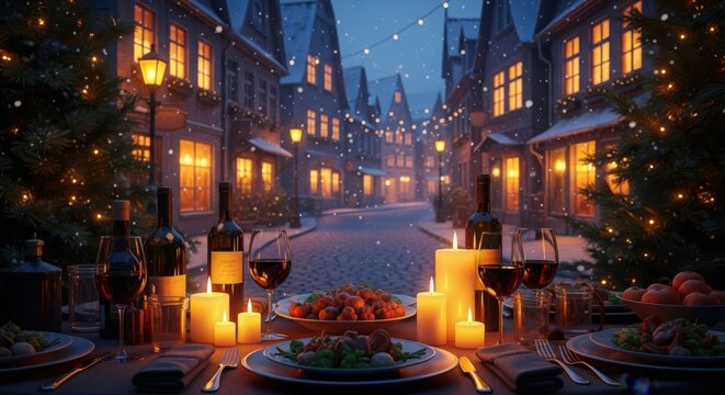 Christmas dinner table setting in snowy village scene