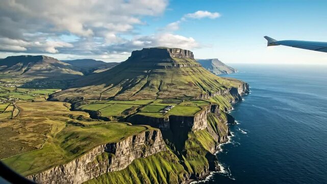 Aerial View of Benbulben Mountain and Coastal Landscape in County Sligo Ireland with Plane Wing