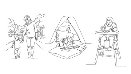 High-Quality Black Continuous Line Art of Toddlers Holding Hands, Crawling, and Reaching in High Chair, Early Childhood Illustrations