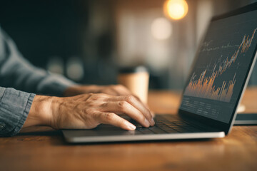 Close-up of hands typing on a laptop displaying stock market charts and graphs. the screen showing a dynamic stock market analysis and financial data visualization.
