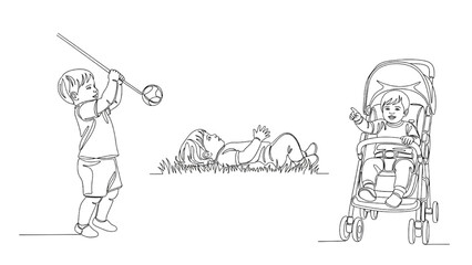 High-Quality Black Continuous Line Art of Toddlers Swinging Toys, Lying on Grass, and Sitting in Stroller